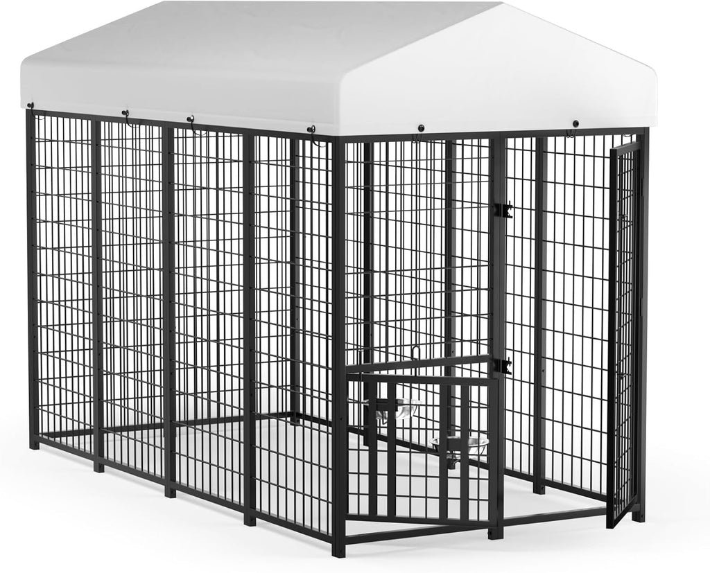 LOVMOR Outdoor Dog Kennel with Roof, Heavy Duty Steel Dog Run Enclosure for Medium Dogs, Waterproof Canopy, Double Latch Door, Adjustable Feeding Bowls, Pet Pen for Yard and Patio, 8'L x 4'W x 5.6'H
