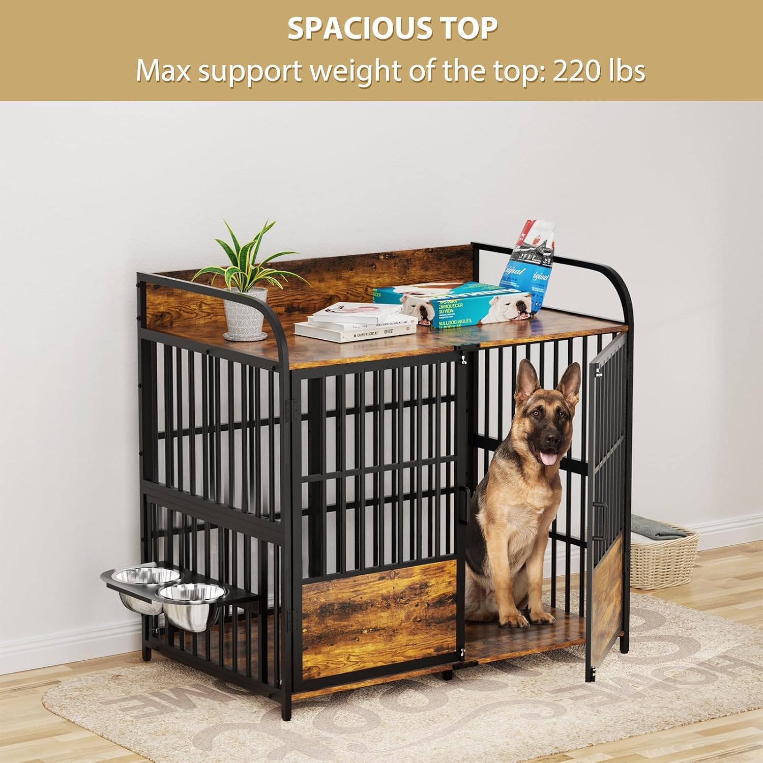 41 in Dog Crate Furniture, Medium Dog Kennel Indoor with Adjustable Bowls, Wooden Dog Cage Table Decorative for Small, Medium, Dog, Brown 41' L X 24' W X 36' H