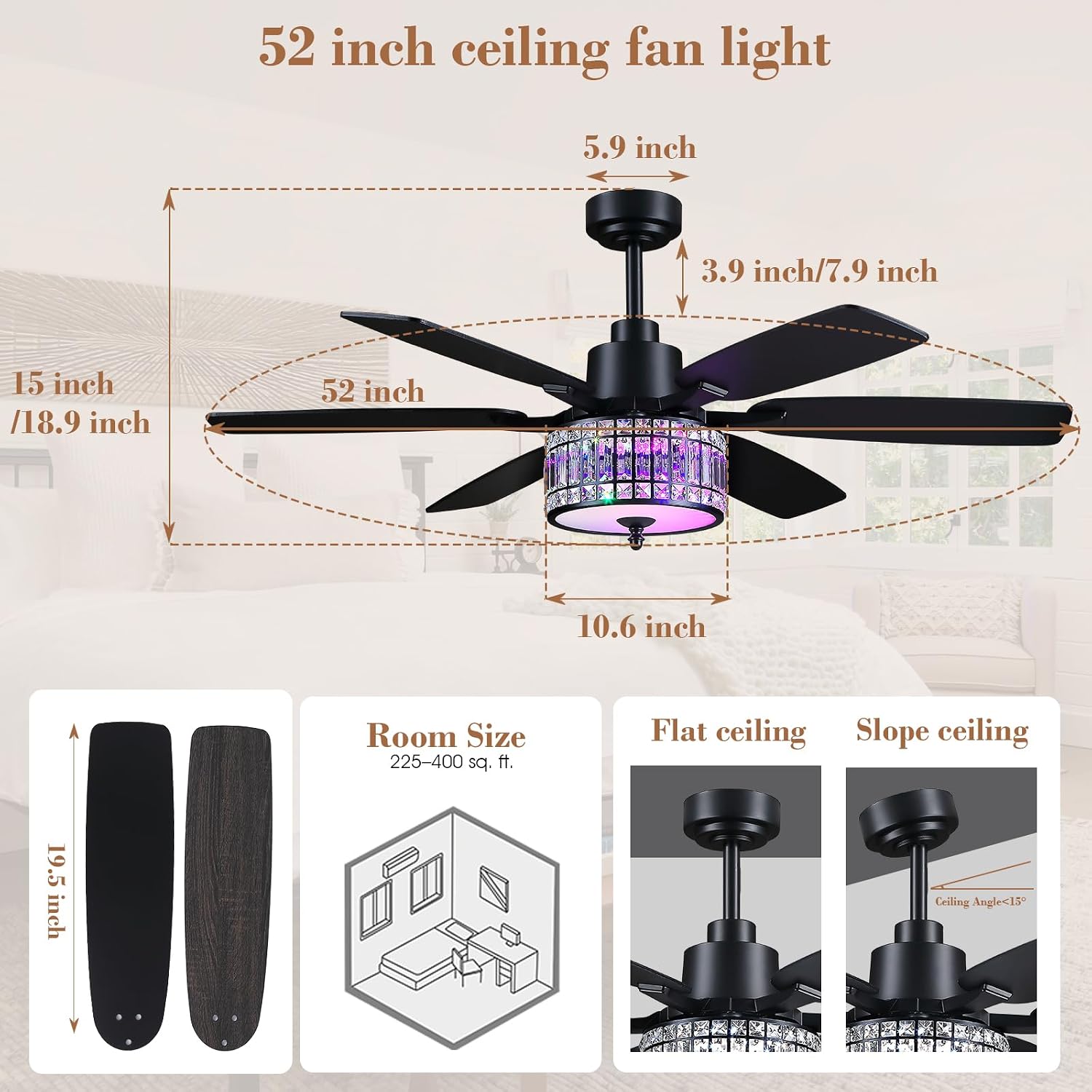 Kviflon 52 Inch Crystal Ceiling Fan with RGB Lights and Remote/APP Control, Black Fandelier Ceiling Fan with Light, Modern Chandelier Ceiling Fan for Bedroom Living Room, Quiet DC Motor, Dimmable LED