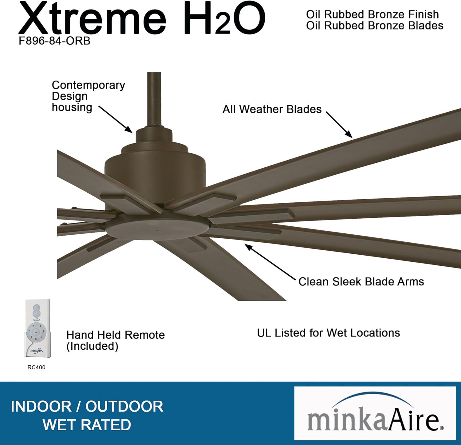 MINKA-AIRE F896-84-ORB Xtreme H2O 84 Inch Outdoor Ceiling Fan with DC Motor, Oil Rubbed Bronze