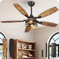 50 Inch Farmhouse Ceiling Fan with Lights and Remote, Timer, Dual Finish 5 Blades (Rustic Brown and Black), 6 Speeds, Reversible DC Motor, Rustic & Industrial Caged Ceiling Fan for Bedroom B04CF05