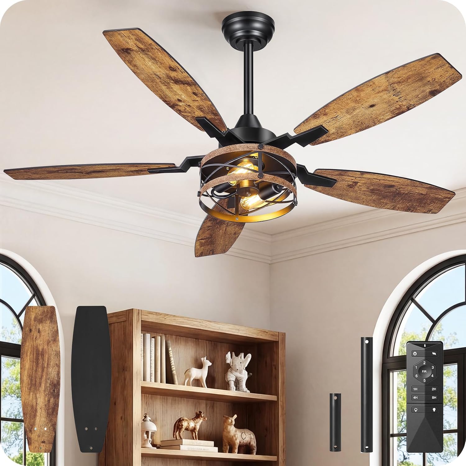 50 Inch Farmhouse Ceiling Fan with Lights and Remote, Timer, Dual Finish 5 Blades (Rustic Brown and Black), 6 Speeds, Reversible DC Motor, Rustic & Industrial Caged Ceiling Fan for Bedroom B04CF05