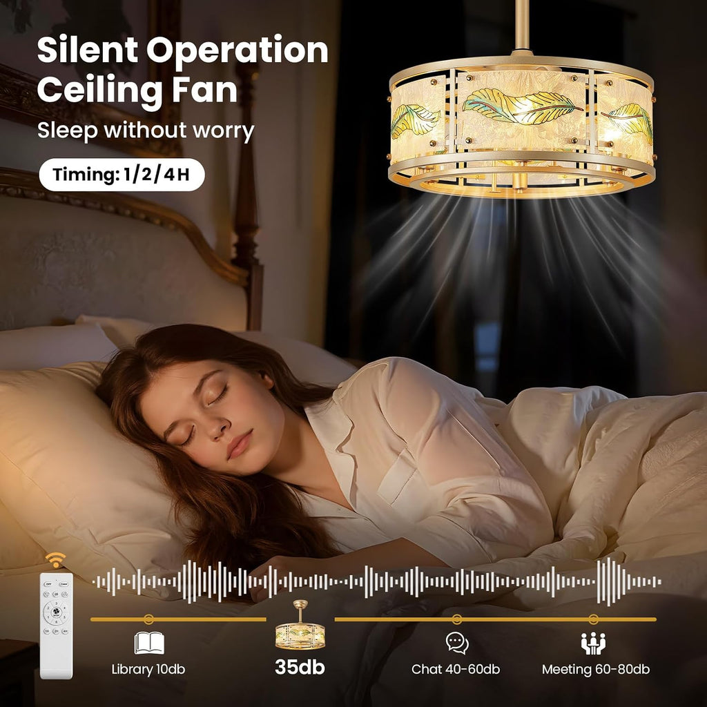 AIJIASI Gold Fandelier Ceiling Fans with Lights, 20' Caged Ceiling Fan with Light and Remote Control, Chandelier Ceiling Fan Low Profile with 6 Speeds for Bedroom, Living Room, Nursery