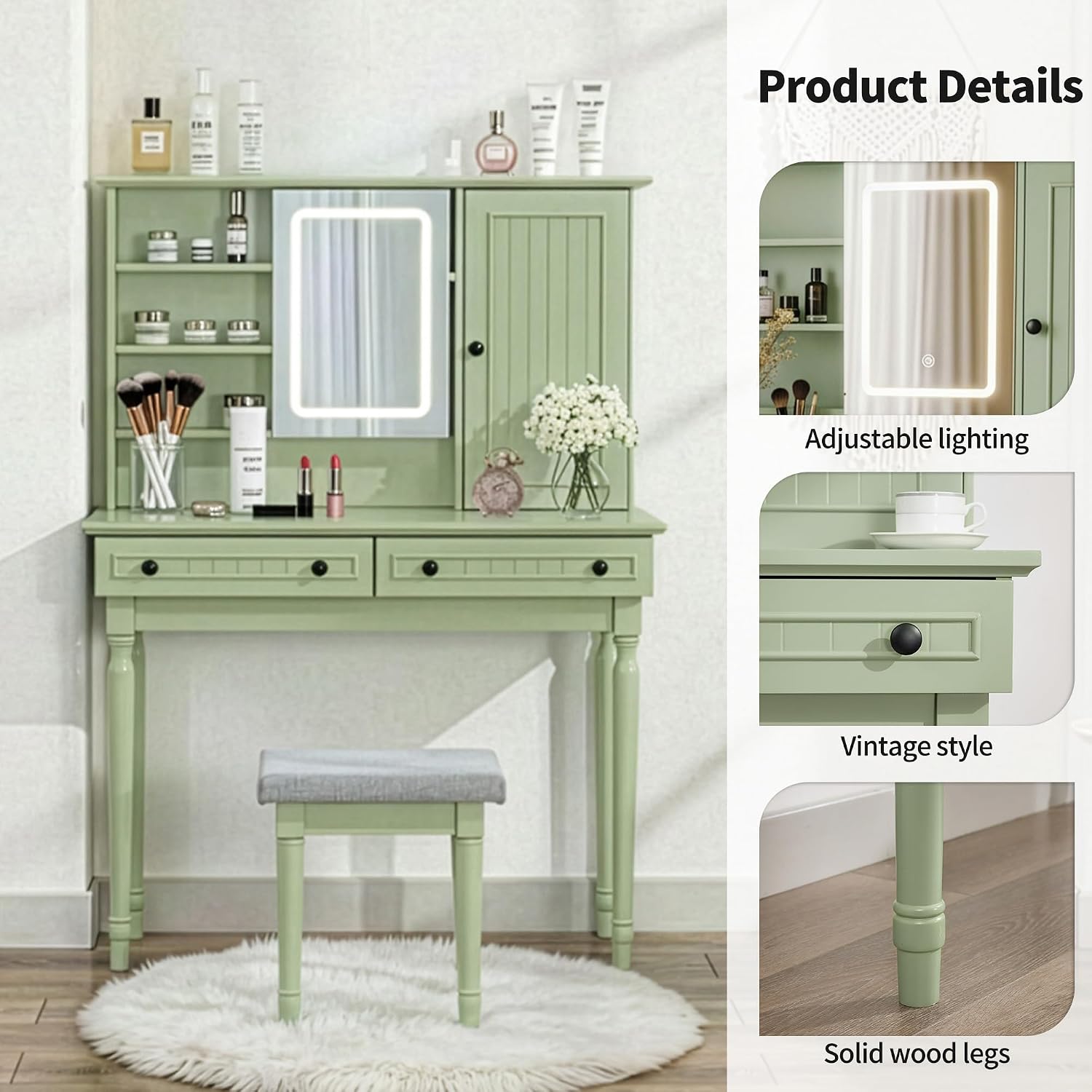 Scurrty Vintage Vanity Table Set with Stool, Color-Changing LED Mirror & Storage Organizer, Classic Wooden Dressing Makeup Desk for Bedroom (Green)