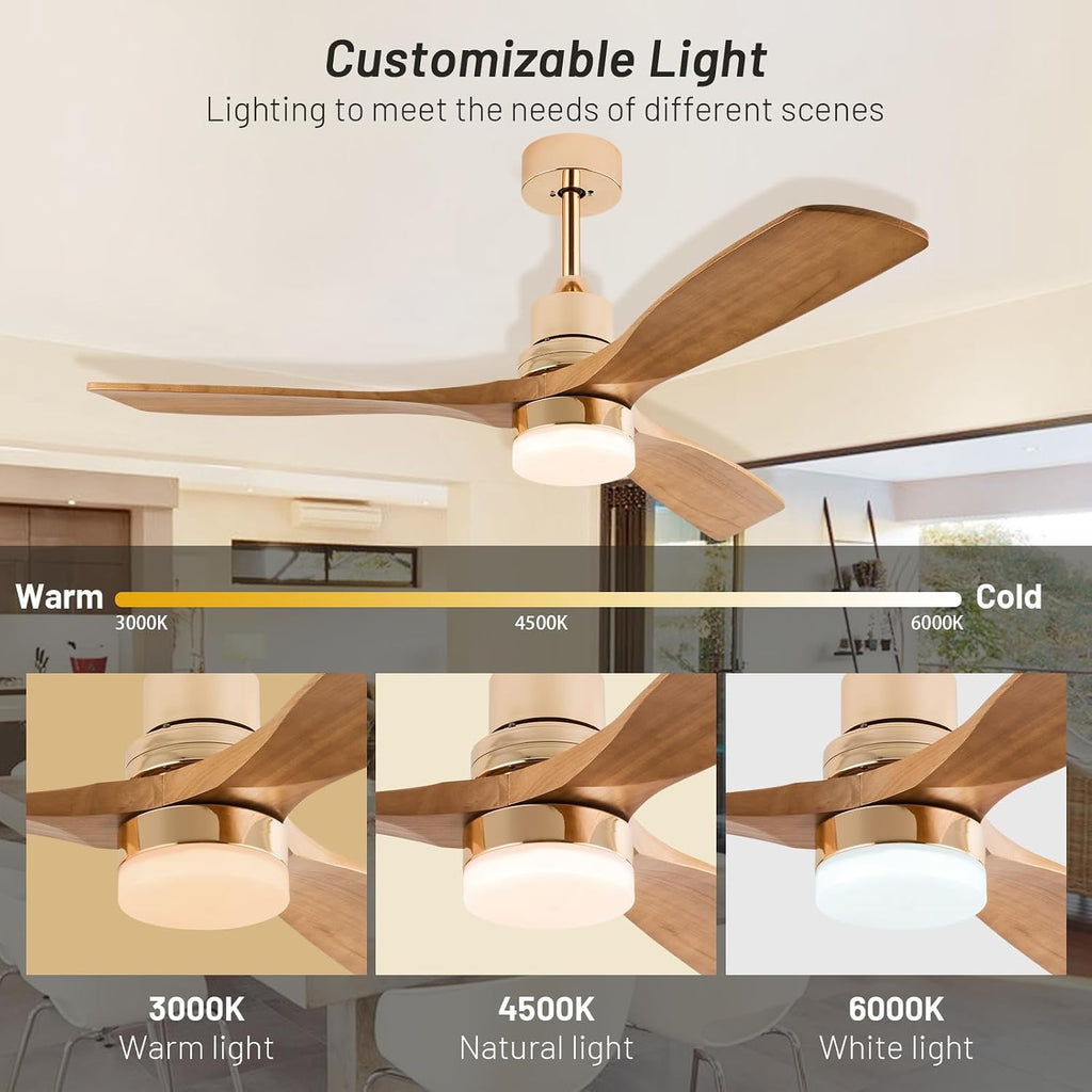 Modern Indoor Ceiling Fan with Light Remote Control,3 Solid Wood Blades,6 Speed DC Motor,22W Dual Color LED, Outdoor Ceiling Fan Chandelier for Living Room,Bedroom,Patio,Dining Room (Glossy Gold 48in)