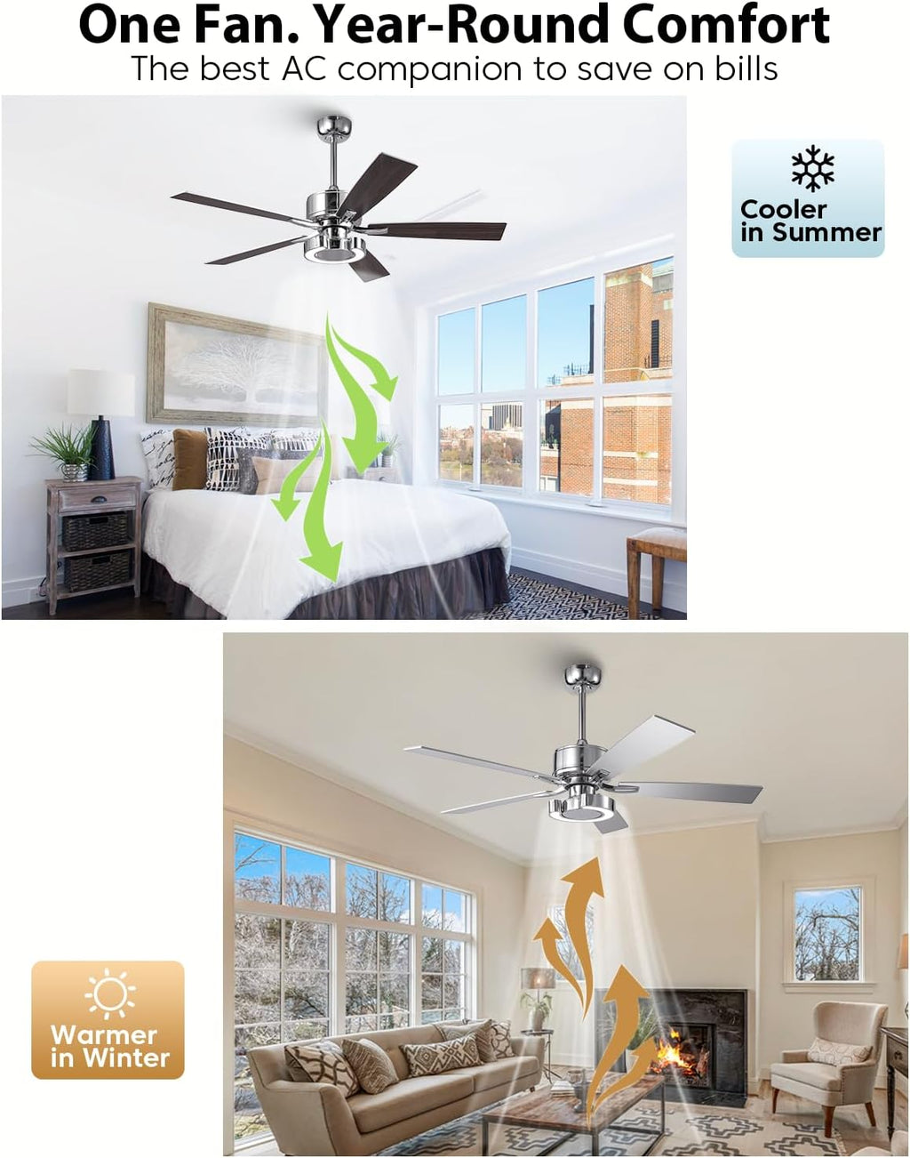 52 Inch Silver Ceiling Fans with Lights, Creative Modern Ceiling Fan and Remote for Bedroom Living Room with 3CCT, 6 Speeds, Quiet, Dual-Sided Reversible 5 Blades Indoor Outdoor Chandelier Fan