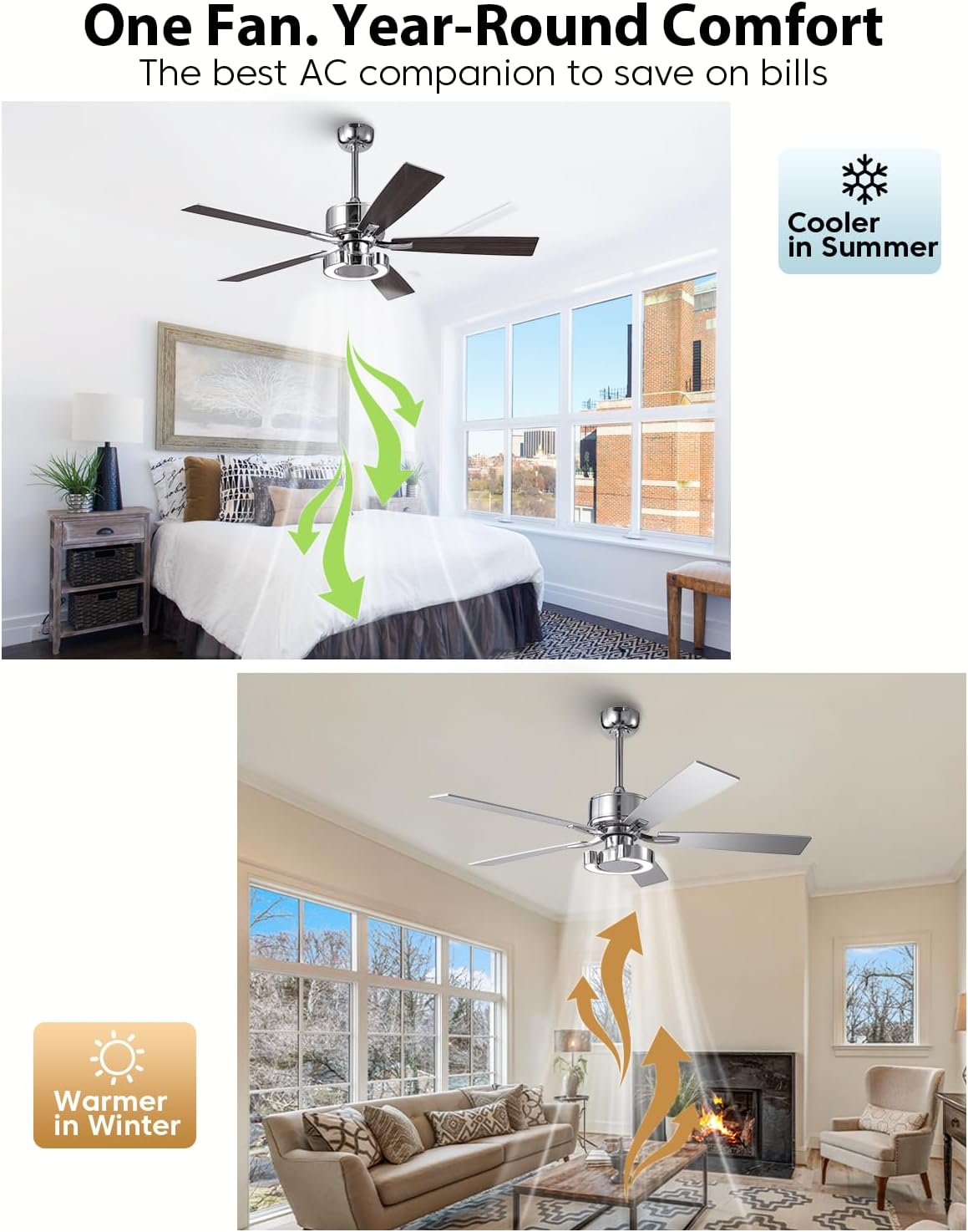 52 Inch Silver Ceiling Fans with Lights, Creative Modern Ceiling Fan and Remote for Bedroom Living Room with 3CCT, 6 Speeds, Quiet, Dual-Sided Reversible 5 Blades Indoor Outdoor Chandelier Fan