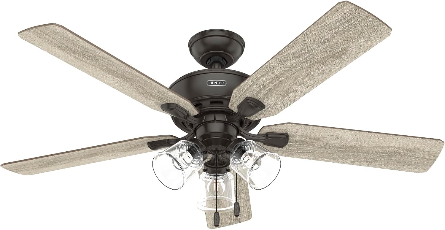 Hunter 52 inch Indoor Ceiling Fan with LED Lights and Pull Chain - Standard Mount Bronze Ceiling Fan, 5 Blades, For Bedroom, Living Room, or Kitchen, 3 inch Downrod - Rosner 52345, Noble Bronze