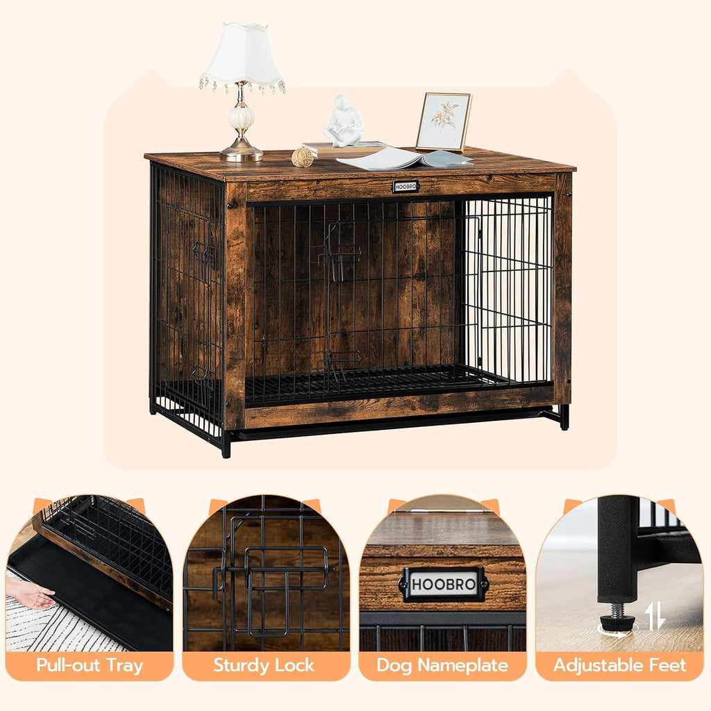 HOOBRO Dog Crate Furniture, 38.6' Large Dog Kennel Indoor, Wooden Cage with Pull-Out Tray, Double Doors Pet House Side End Table for Large/Medium/Small Dogs, Rustic Brown BF982GW03G1
