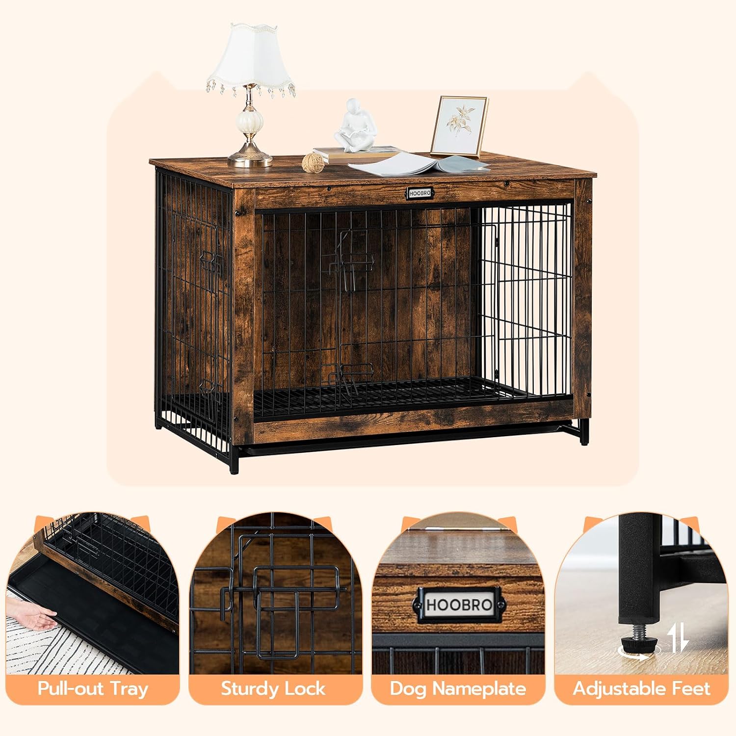HOOBRO Dog Crate Furniture, 38.6' Large Dog Kennel Indoor, Wooden Cage with Pull-Out Tray, Double Doors Pet House Side End Table for Large/Medium/Small Dogs, Rustic Brown BF982GW03G1