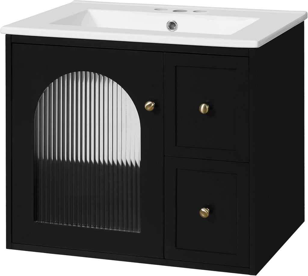 24 Inch Modern Wall Mounted Floating Bathroom Vanity Set with Ceramic Sink, 2 Drawers and 1 Soft-Close Door Bathroom Sink Cabinet for Guest Baths Master Suites (Black)