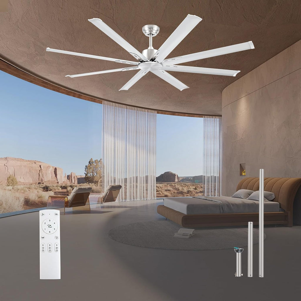Minislak 72 Inch Ceiling Fan No Light with Remote,8 Aluminum Blades,Industrial DC Motor Quiet Operation,6 Speeds,Large Indoor Outdoor Ceiling Fan for Garage,Patio,Living Room(Brushed Nickel)