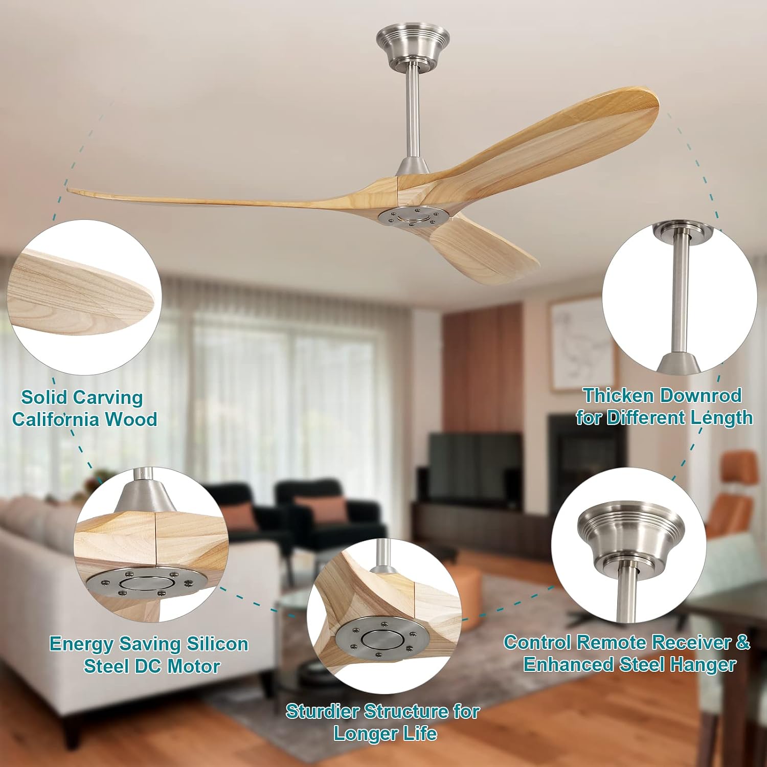 Sofucor 60 Inch Ceiling Fan no Light, Modern Wood Large Ceiling Fan with Remote and 3 Brushed Nickel Downrods, for Indoor Bedroom Living Room Outdoor Patio Porch, Reversible Quiet DC Motor