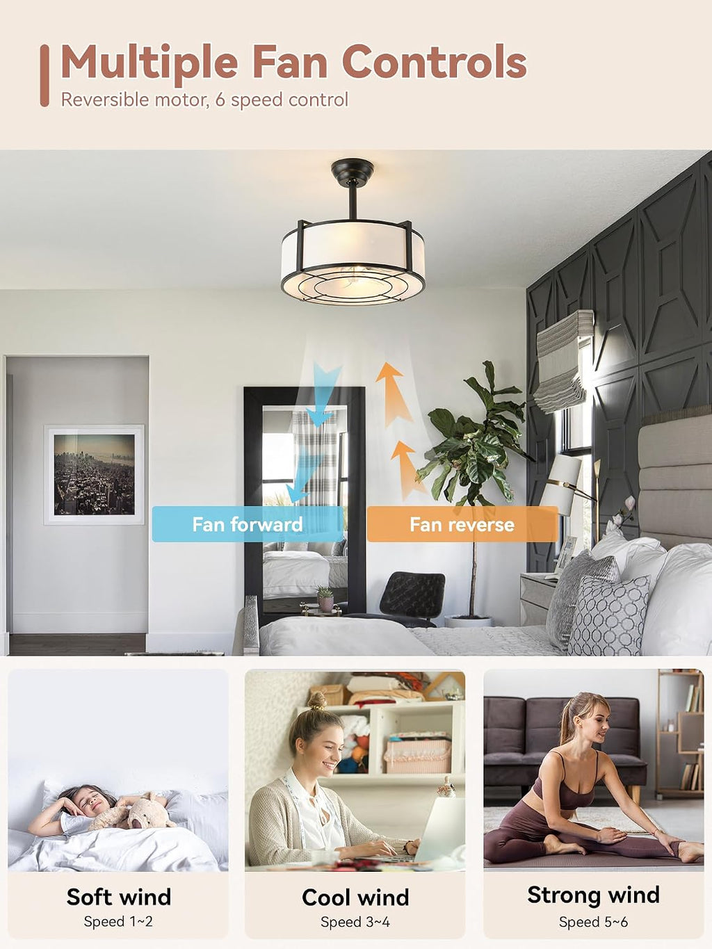 20' Black Fandelier Ceiling Fans with Lights, Boho Rattan Ceiling Fan with Light Remote Control, Caged Mid-Century Modern with 6 Speeds for Bedroom, Nursery, Living Room