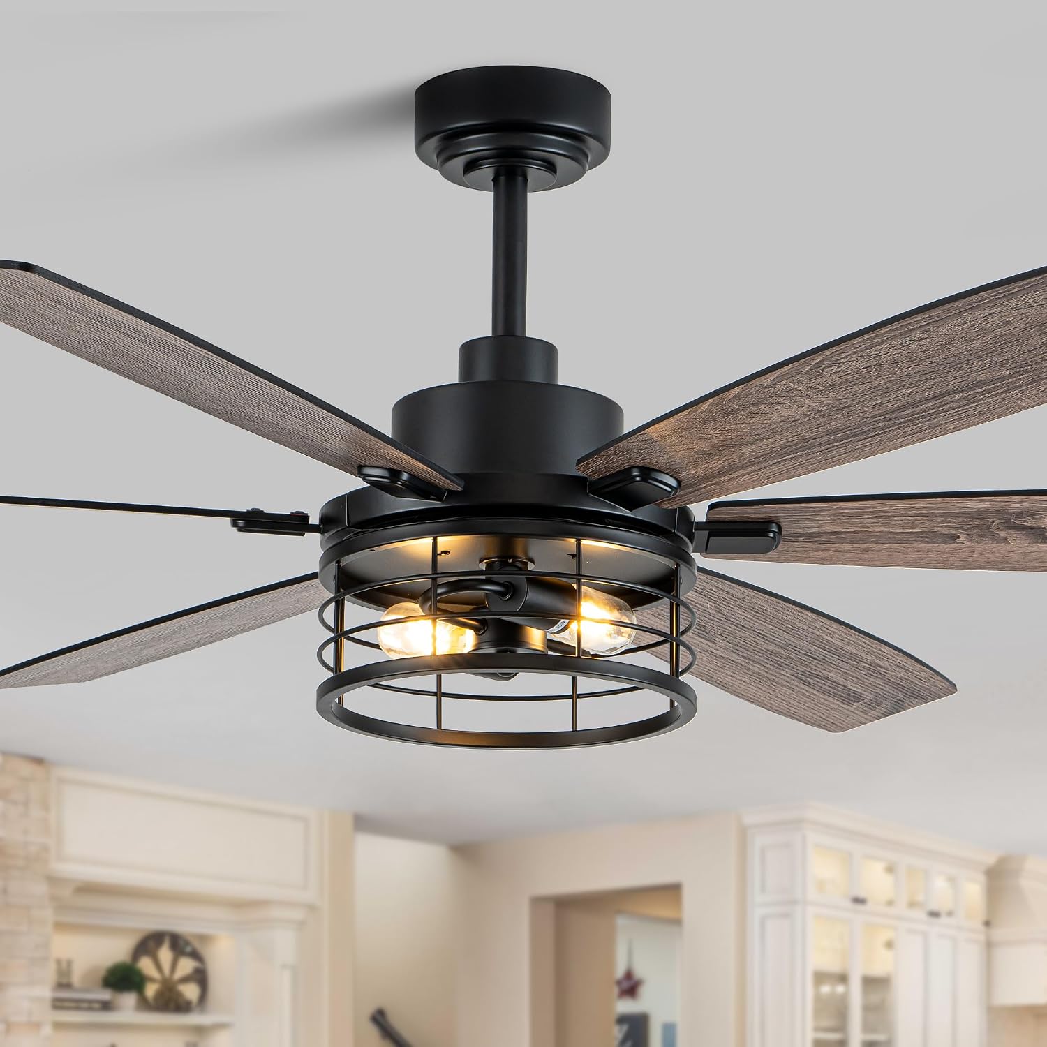60' Large Ceiling Fans with Lights,Modern Farmhouse Caged Ceiling Fan with Light and Remote,6 Speeds,Reversible Motor,6 Double Finish Wood Blades,Black Rustic Ceiling Fan for Living Room Dining Room