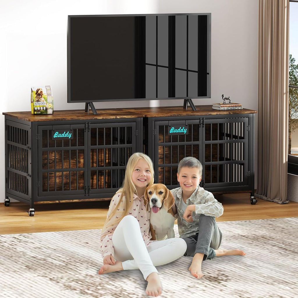 EasyCom 41'/33'/27' Dog Crate Furniture with Name Tag, Heavy Duty Dog Kennel Indoor for Medium Dogs, Double-Doors Sturdy Metal Dog Cage for Anxiety Dog, Decorate House as TV Stand, End Table