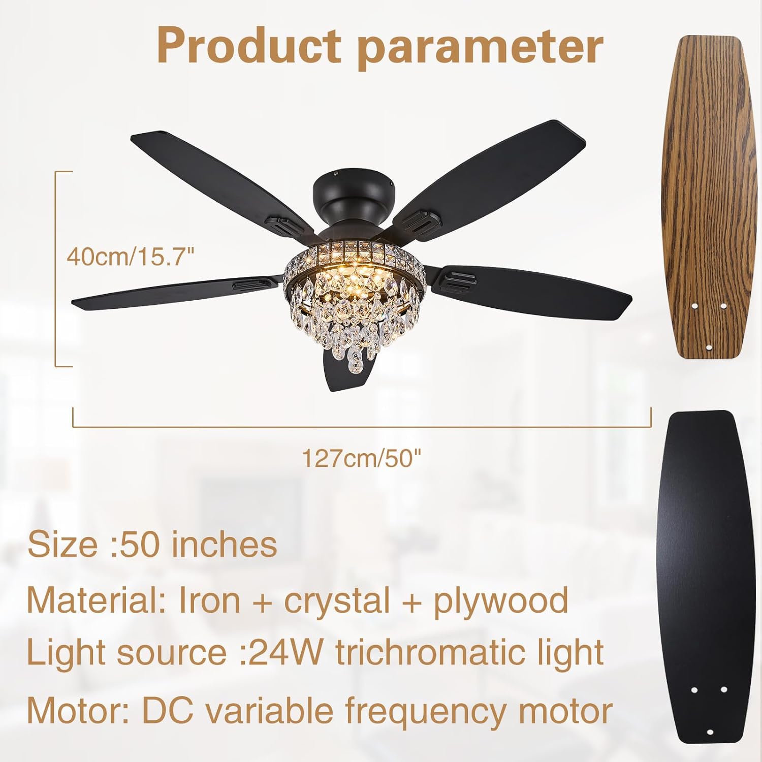 Crystal Ceiling Fan Fandelier with Lights-Ceiling Fans with Lights,50' Low Profile and Remote Control, Flush Mount, Reversible, Dimmable, Noiseless, Black Ceiling Fan for Bedroom