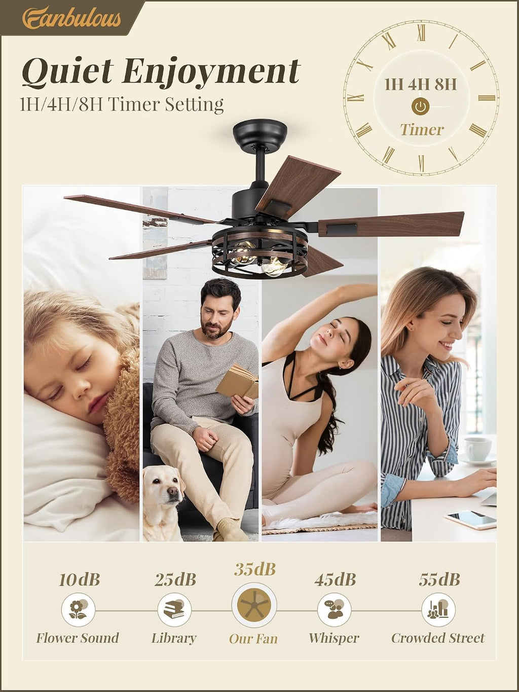 Fanbulous Farmhouse Ceiling Fans with Light, 42 Inch Bedroom Ceiling Fan with Lights, 6-Speed Adjustable, Quiet and Reversible DC Motor, Dual Finish 5 Blades, Rustic Caged Ceiling Fan for Living Room