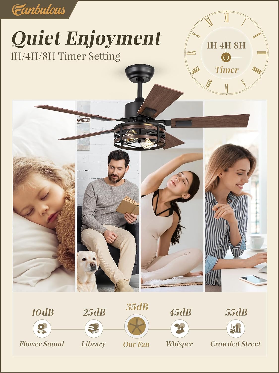 Fanbulous Farmhouse Ceiling Fans with Light, 42 Inch Bedroom Ceiling Fan with Lights, 6-Speed Adjustable, Quiet and Reversible DC Motor, Dual Finish 5 Blades, Rustic Caged Ceiling Fan for Living Room