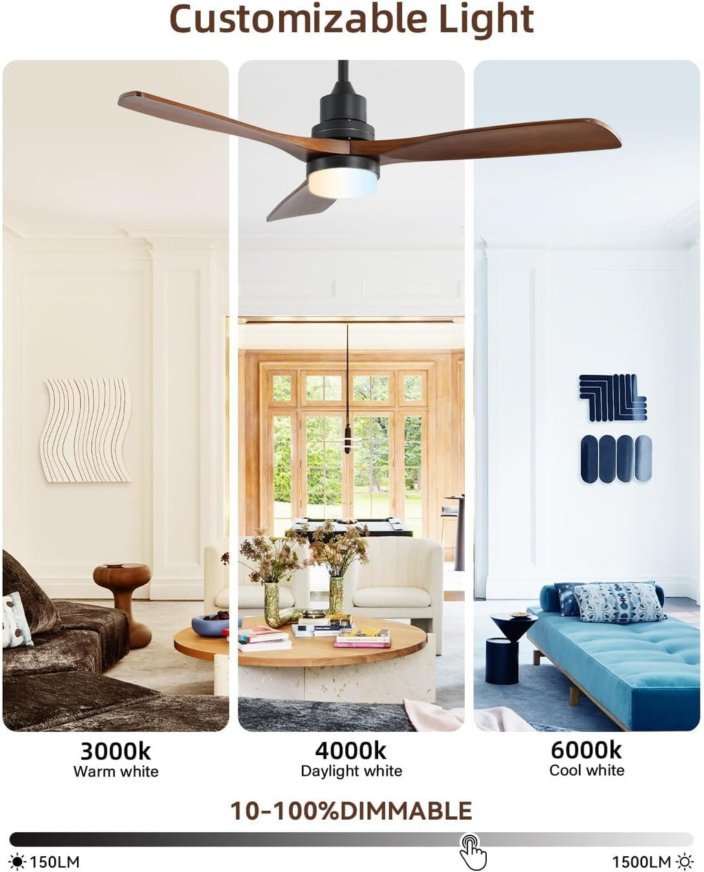 Sofucor 52 Inch Smart Ceiling Fans with Lights and Alexa/Google Assistant/APP/Remote Control-Modern Solid Wood Outdoor Walnut 3 Blades Ceiling Fan for Bedroom Living Room Farmhouse Patio, Brown Black