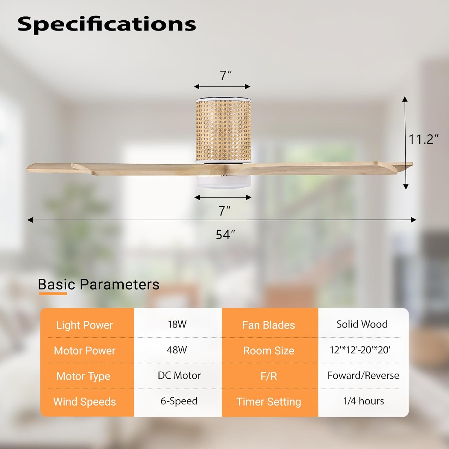 LEDLUX 54' Ceiling Fan with Light - Low Profile Flush Mount Ceiling Fan, 6-Speed Remote Control, Solid Wood, Quiet Reversible DC Motor, Wood/White Finish, for Bedroom, Living Room, Porch