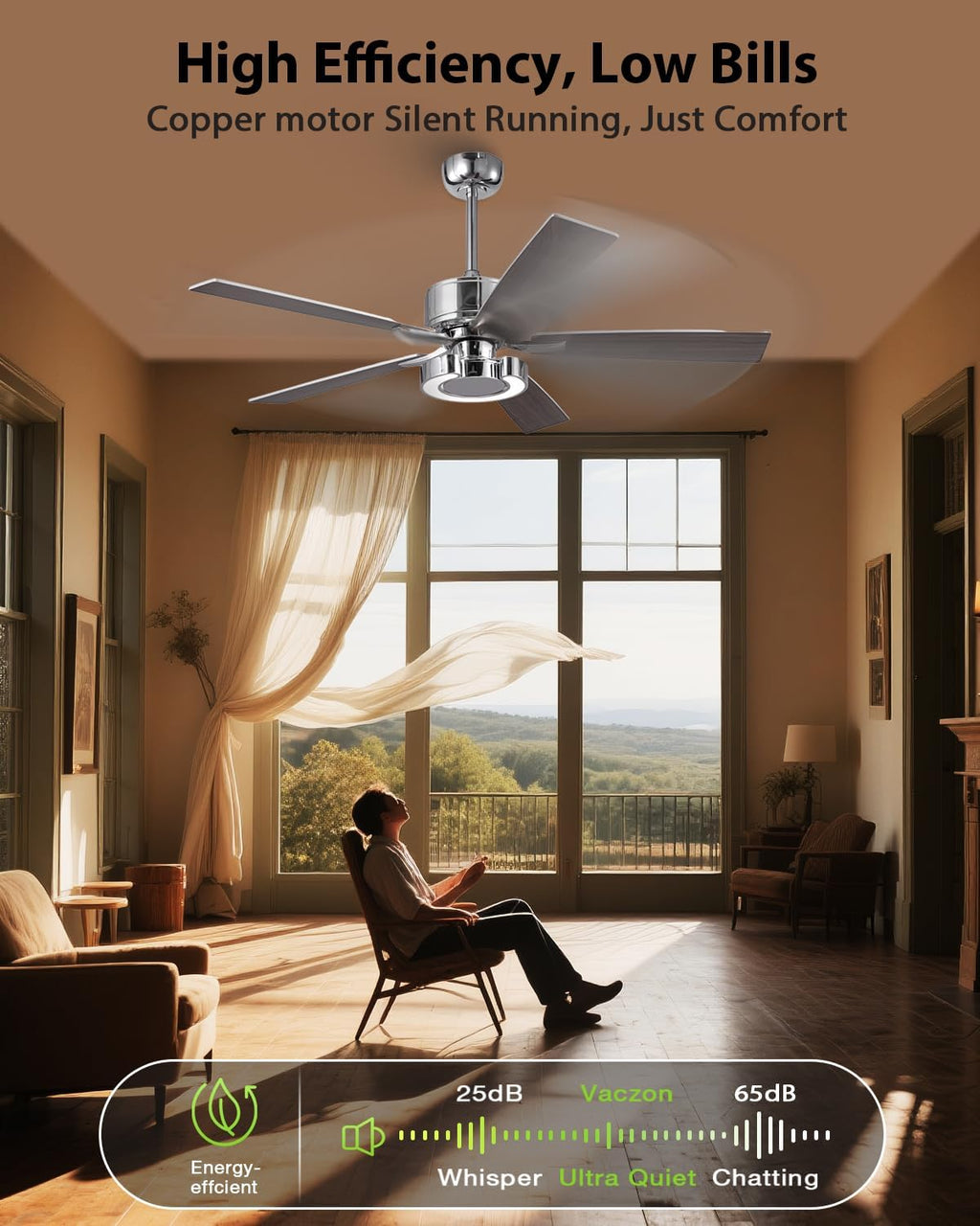 52 Inch Silver Ceiling Fans with Lights, Creative Modern Ceiling Fan and Remote for Bedroom Living Room with 3CCT, 6 Speeds, Quiet, Dual-Sided Reversible 5 Blades Indoor Outdoor Chandelier Fan