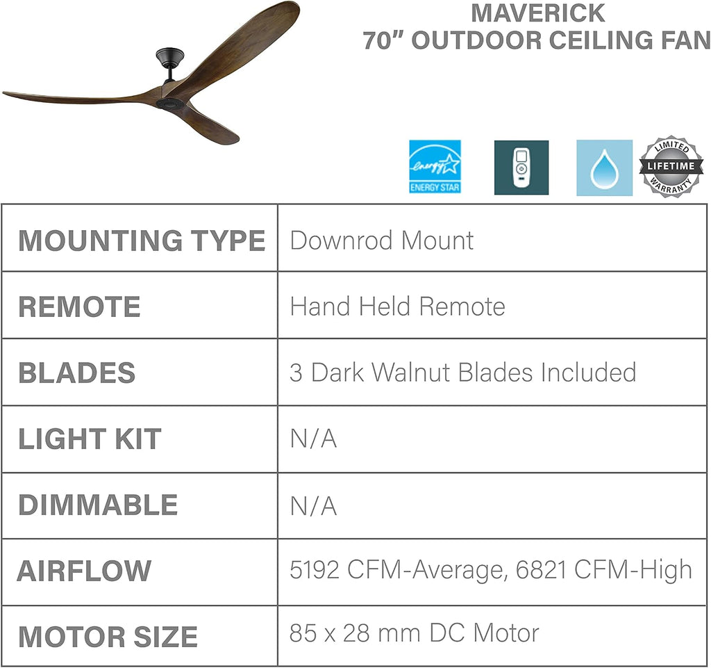 Monte Carlo 3MAVR70BK Maverick Max Energy Star 70'' Outdoor Ceiling Fan with Remote Control, 3 Balsa Wood Blades, Matte Black