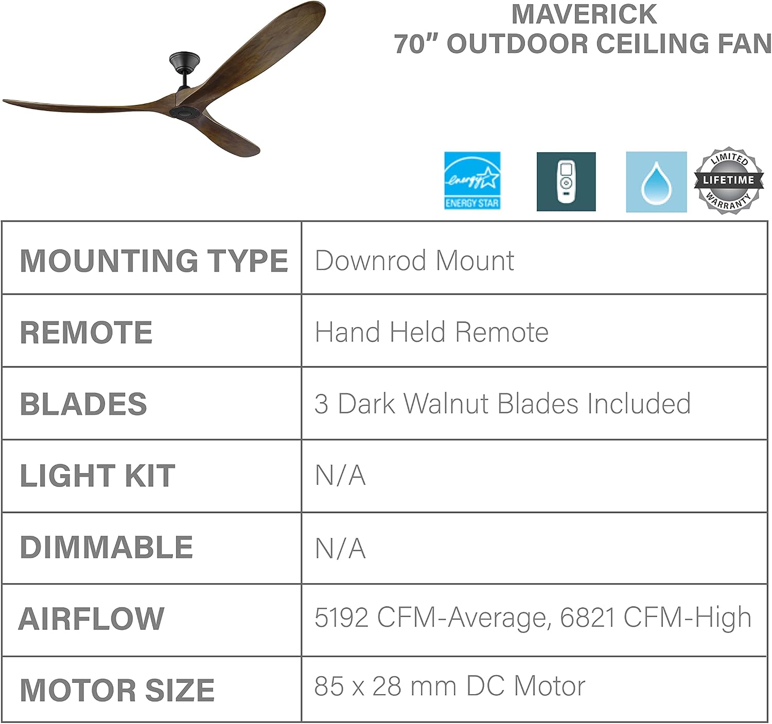 Monte Carlo 3MAVR70BK Maverick Max Energy Star 70'' Outdoor Ceiling Fan with Remote Control, 3 Balsa Wood Blades, Matte Black