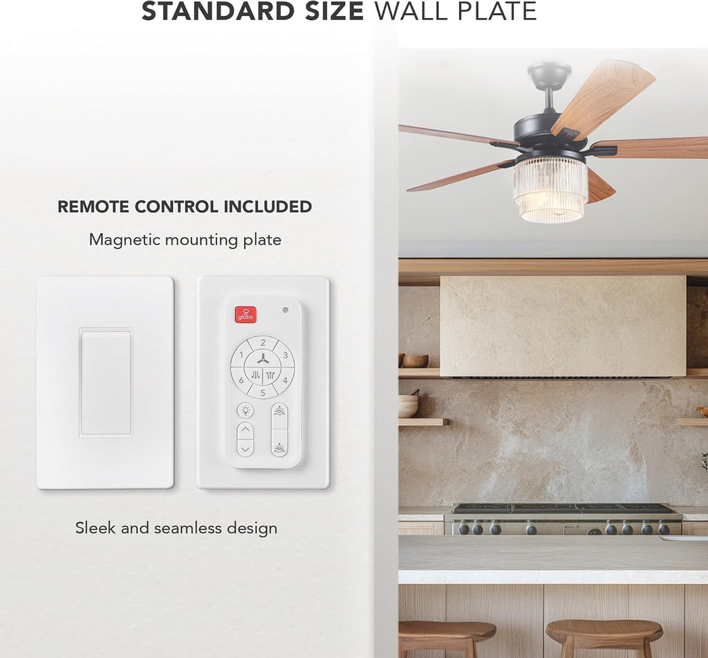 Globe Electric 37000023 52' 2-Light Ceiling Fan with Glass Shade, Remote Control, WhisperQuiet DC Motor, 6 Speeds, Matte Black, Indoor/Outdoor