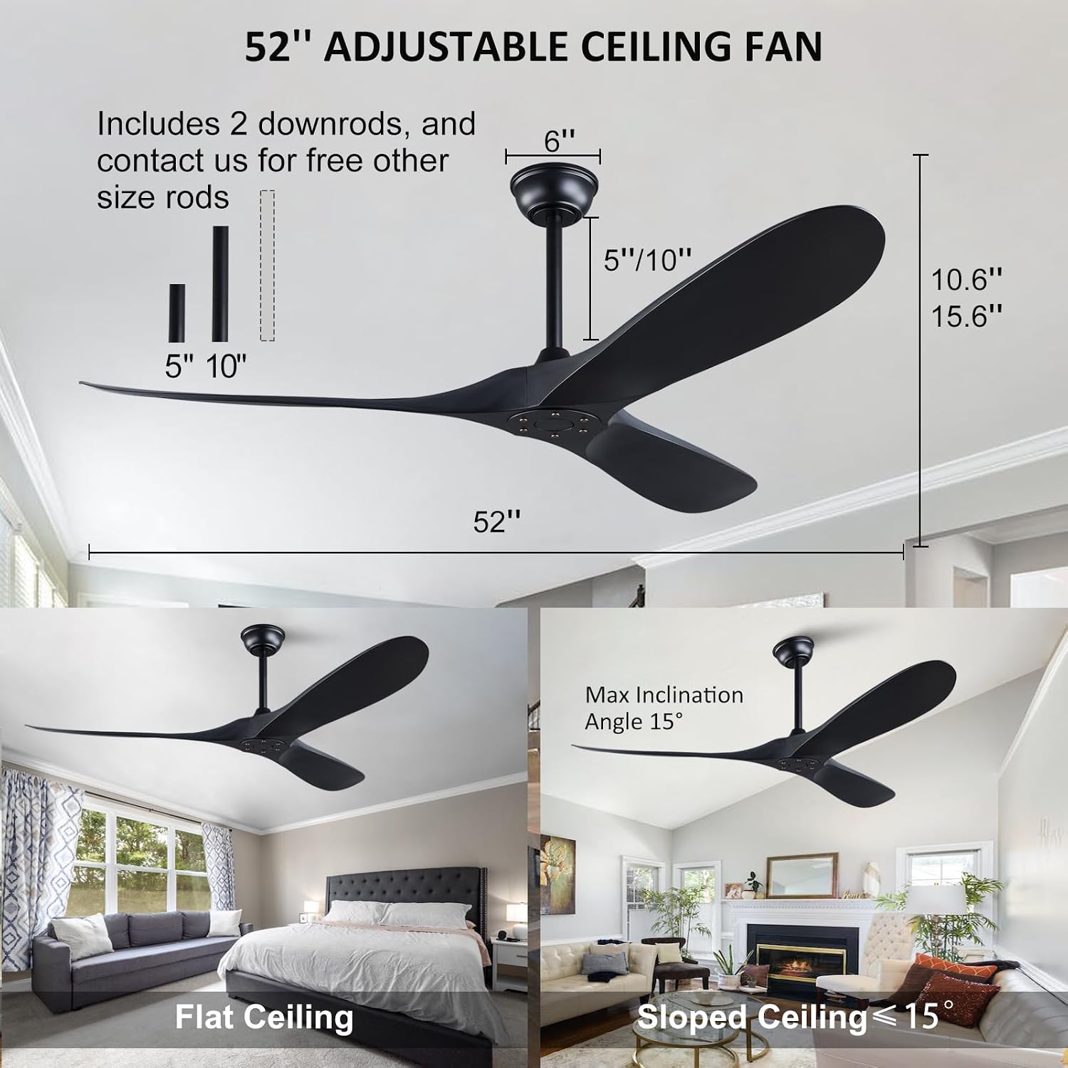 52'' Ceiling Fan without Lights, Black Modern 3 Blades Ceiling Fan with Remote Control, 6 Speed Quiet Reversible DC Motor, Indoor Outdoor Ceiling Fans for Bedroom Dining Room Study Patios.