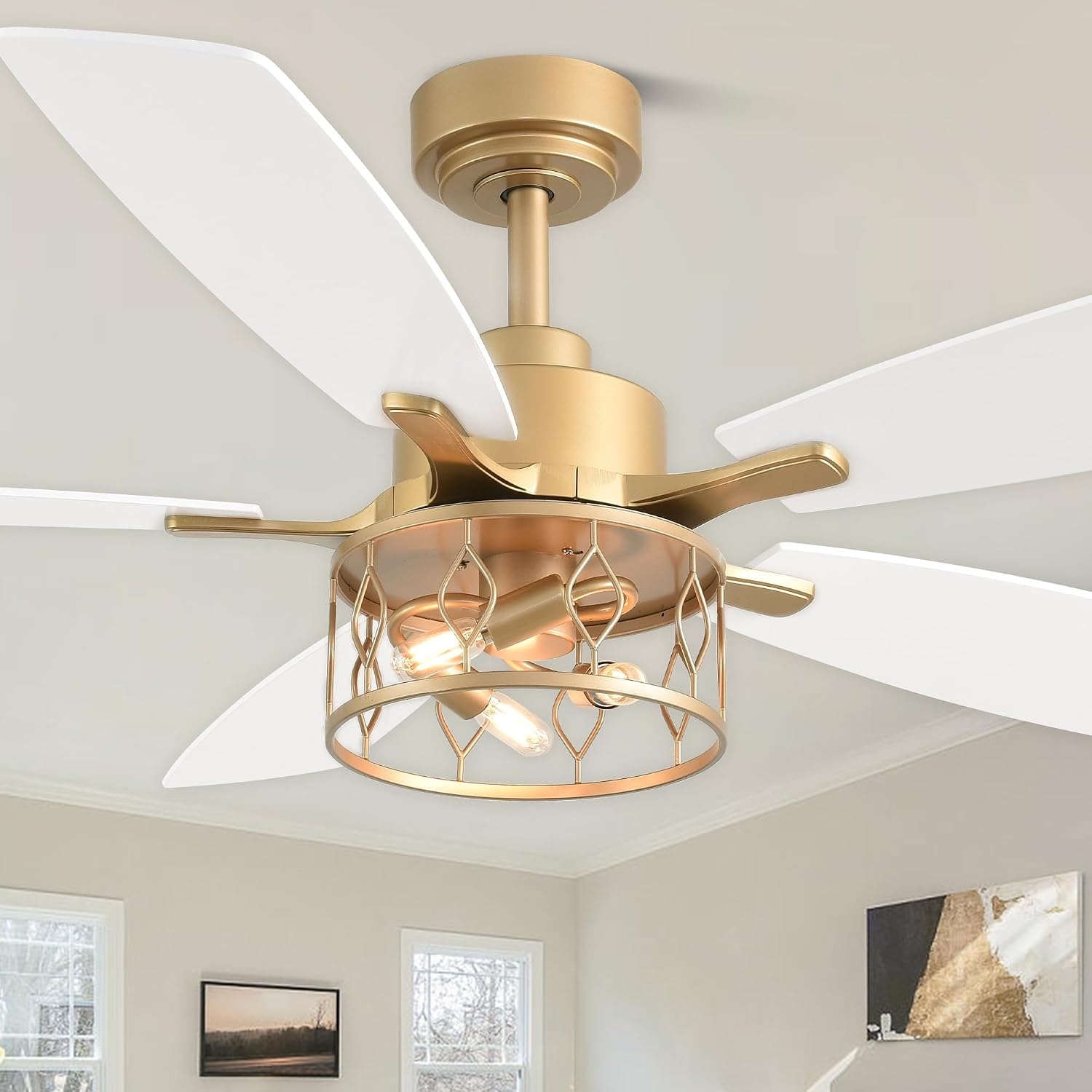 52 Inch White and Gold Ceiling Fan with Lights Modern Fandelier Ceiling Fan Industrial Caged Fandelier Farmhouse Rustic Chandelier Light for Living Room Indoor Outdoor, Reversible 6 Speeds