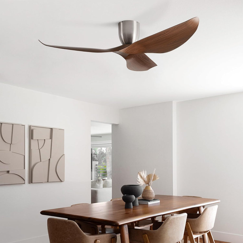 60' Walnut Color Flush Mount Ceiling Fan with Remote, No Light | Modern Low-Profile, Heat Resistant ABS Blades, 6-Speed Reversible Quiet DC Motor for Balcony, Living Room, Bedroom
