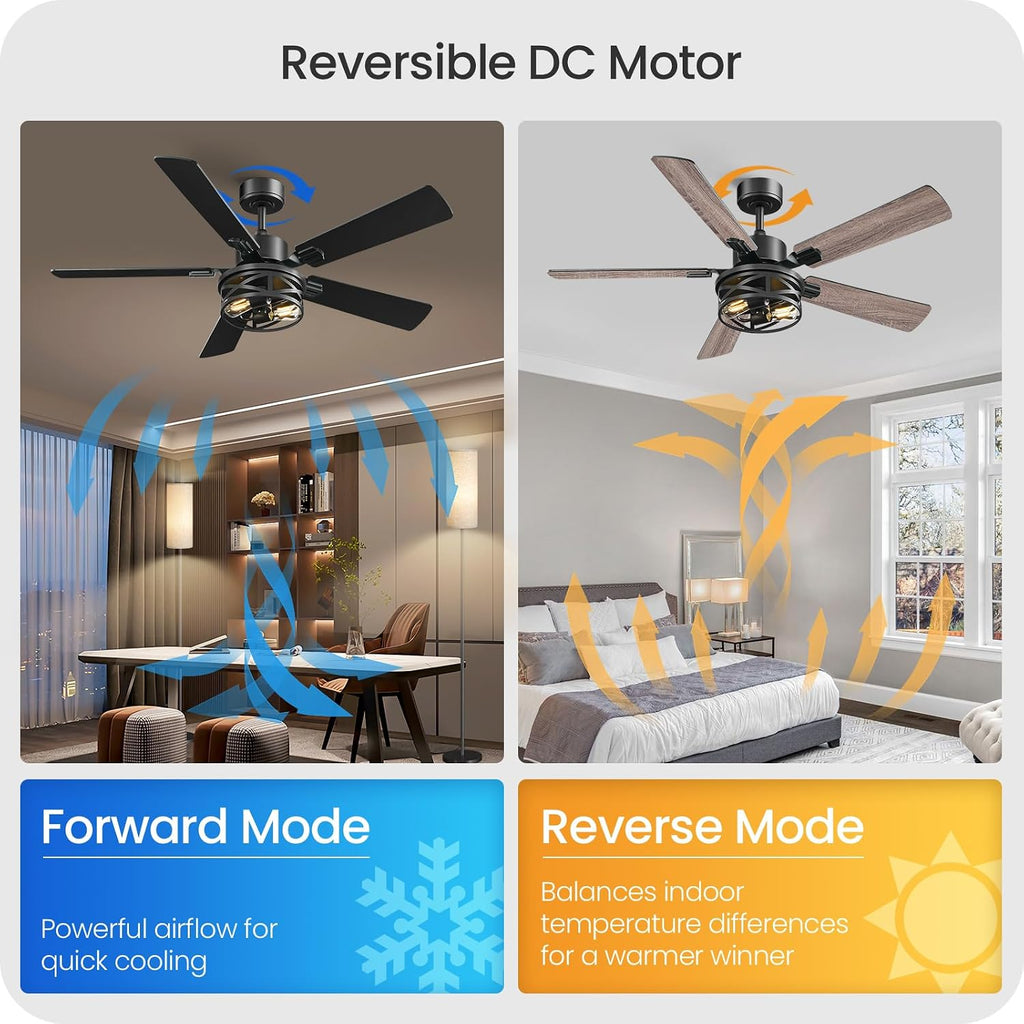 52 Inch Farmhouse Ceiling Fan with Lights and Remote, Timer, Dual Finish 5 Blades (Gray Oak and Black), 6 Speeds, Reversible DC Motor, Rustic & Industrial Caged Ceiling Fan for Bedroom HB01CF05