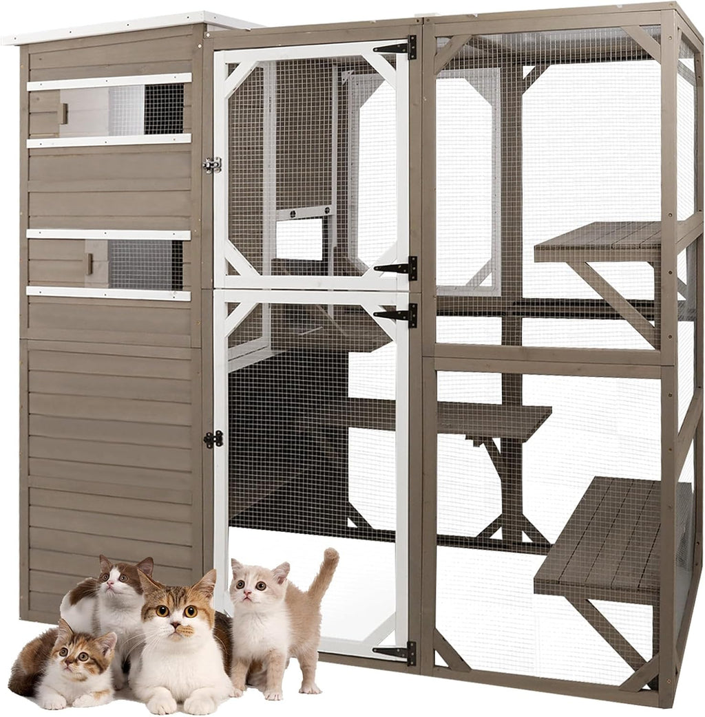 PetsCosset Catio Cat Enclosure Outdoor, Large Cat House Outdoor Weatherproof Attached to Window for Multi Cats, Asphalt and UV Protection Roofs, Multi Platforms-71 H 77' L