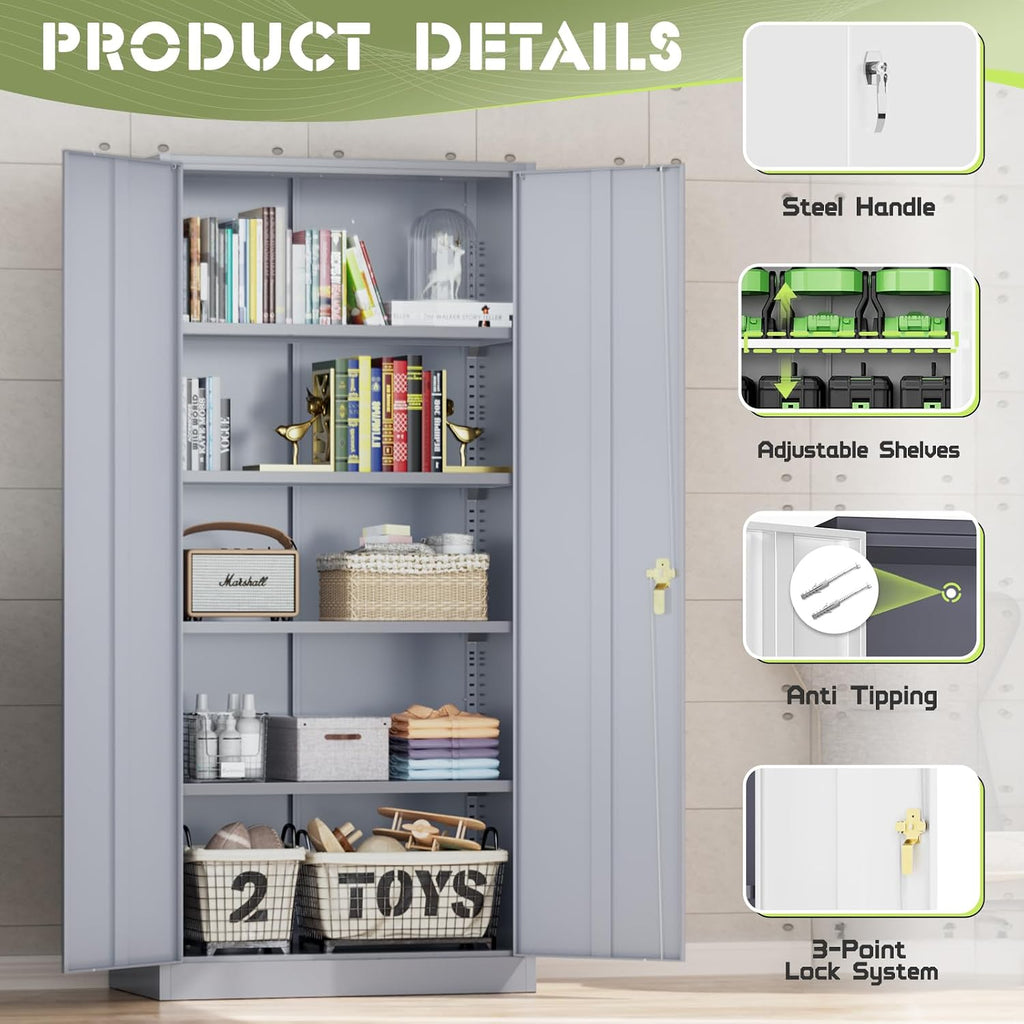 SUNCROWN 72' Metal Storage Cabinet - Heavy-Duty Metal Garage Cabinet with 4 Adjustable Shelves & 2 Doors for Tools, Office, Home, Workshop,Cement Grey