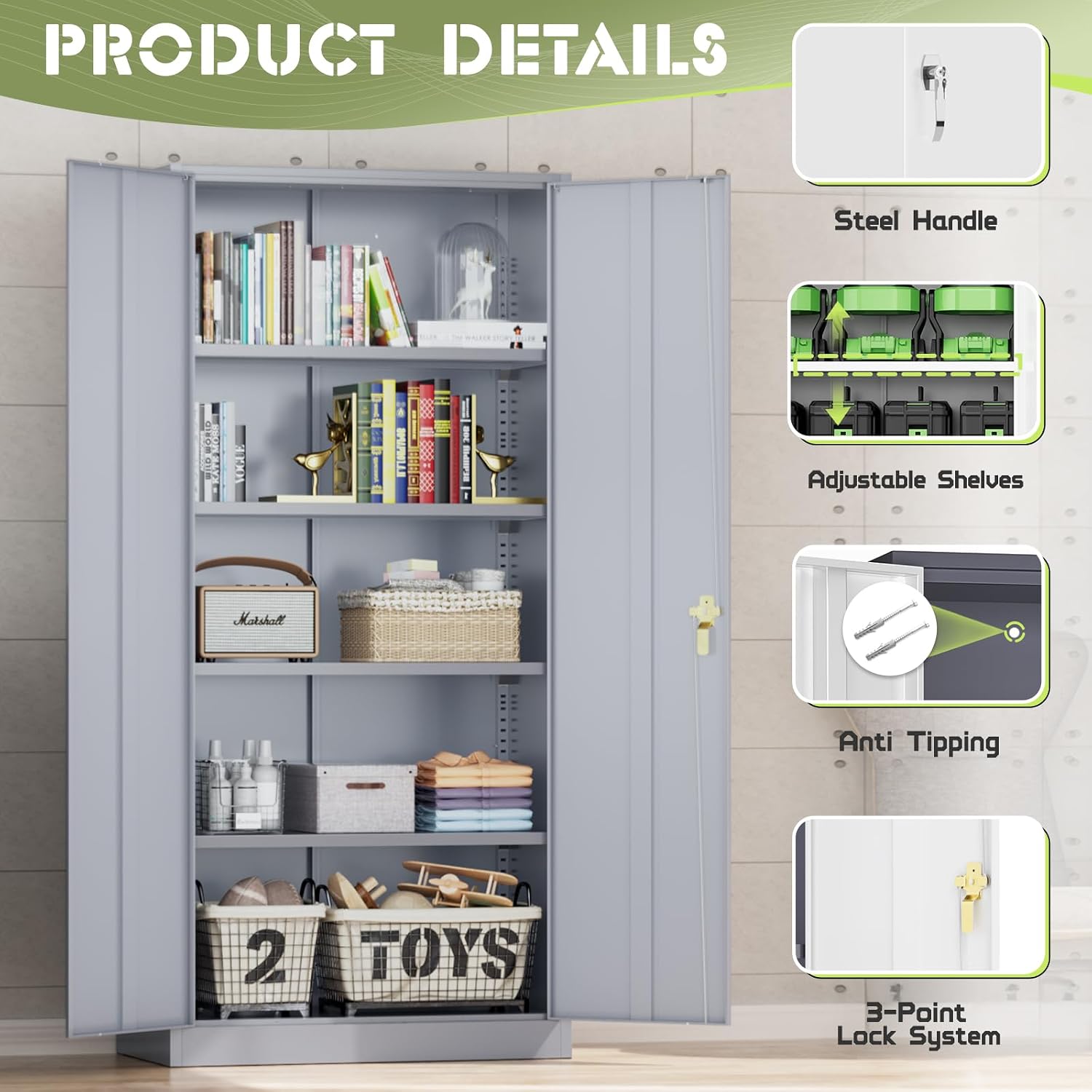 SUNCROWN 72' Metal Storage Cabinet - Heavy-Duty Metal Garage Cabinet with 4 Adjustable Shelves & 2 Doors for Tools, Office, Home, Workshop,Cement Grey