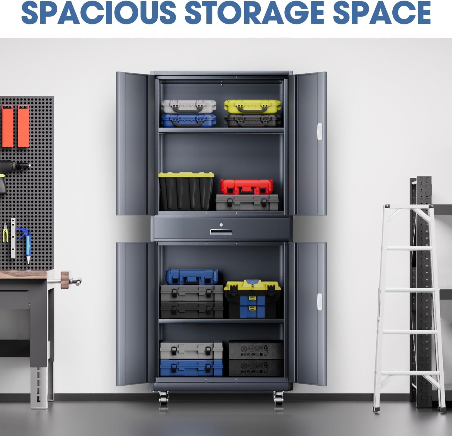 DNA Motoring 73'' Metal Storage Cabinet, Rolling Garage Cabinet with 1 Drawer and Adjustable Shelves, Lockable Heavy Duty Metal Locker for Garage,Office,Home,Gym, Gray, TOOLS-00630-GY-GY-A