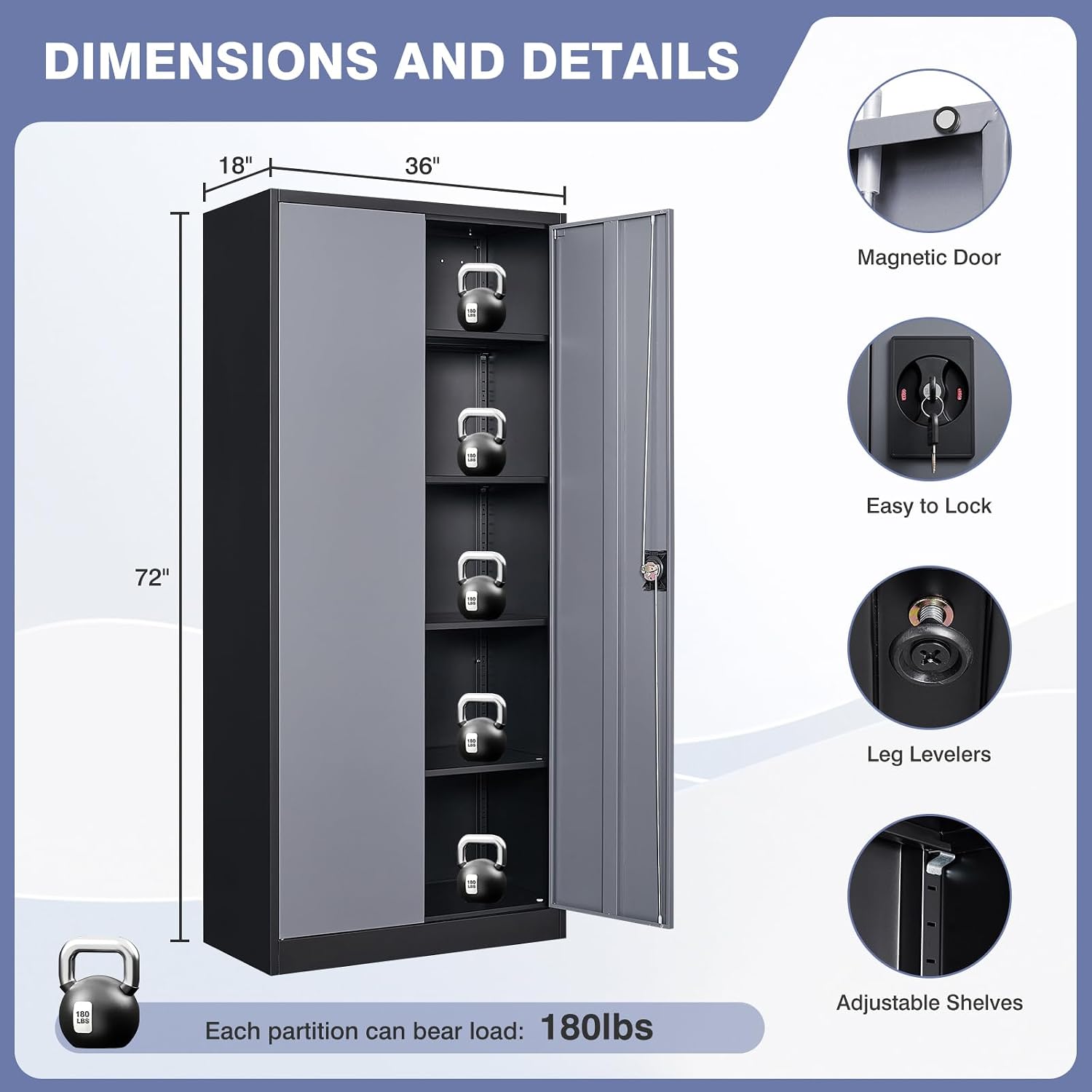 72 Inch Metal Cabinet,Locking Storage Cabinet with 2 Doors and 4 Adjustbale Shelves,Steel Tool Cabinet for Garage,Basement,Home Office,Gym(Grey& Black)