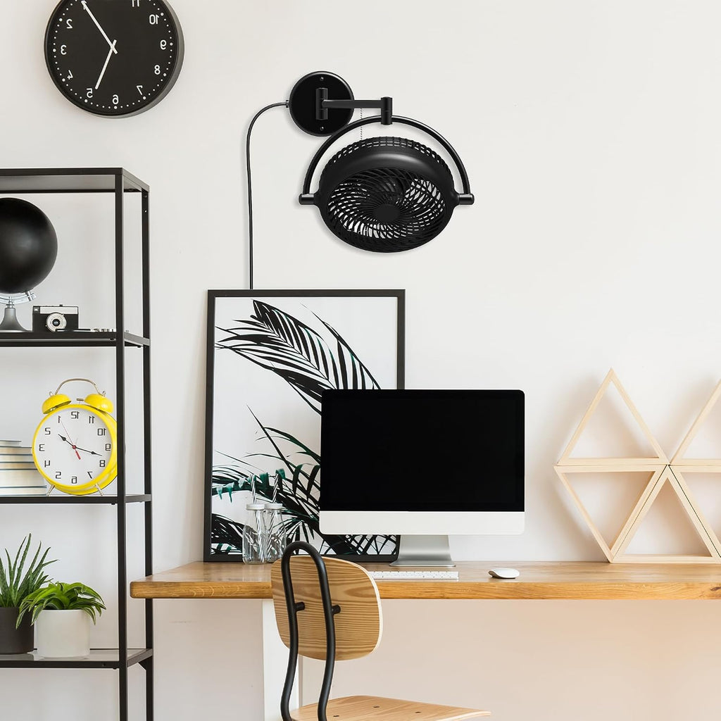 Wall Mount Fans with Pull Chain, 10 Inch Wall Fans Quiet Oscillating Wall-Mounted Fan, Adjustable Folding Arm, 2-Speed Plug-in Fan for Bedroom, Living Room, Garage, Bathroom, Patio, Kitchen, Black
