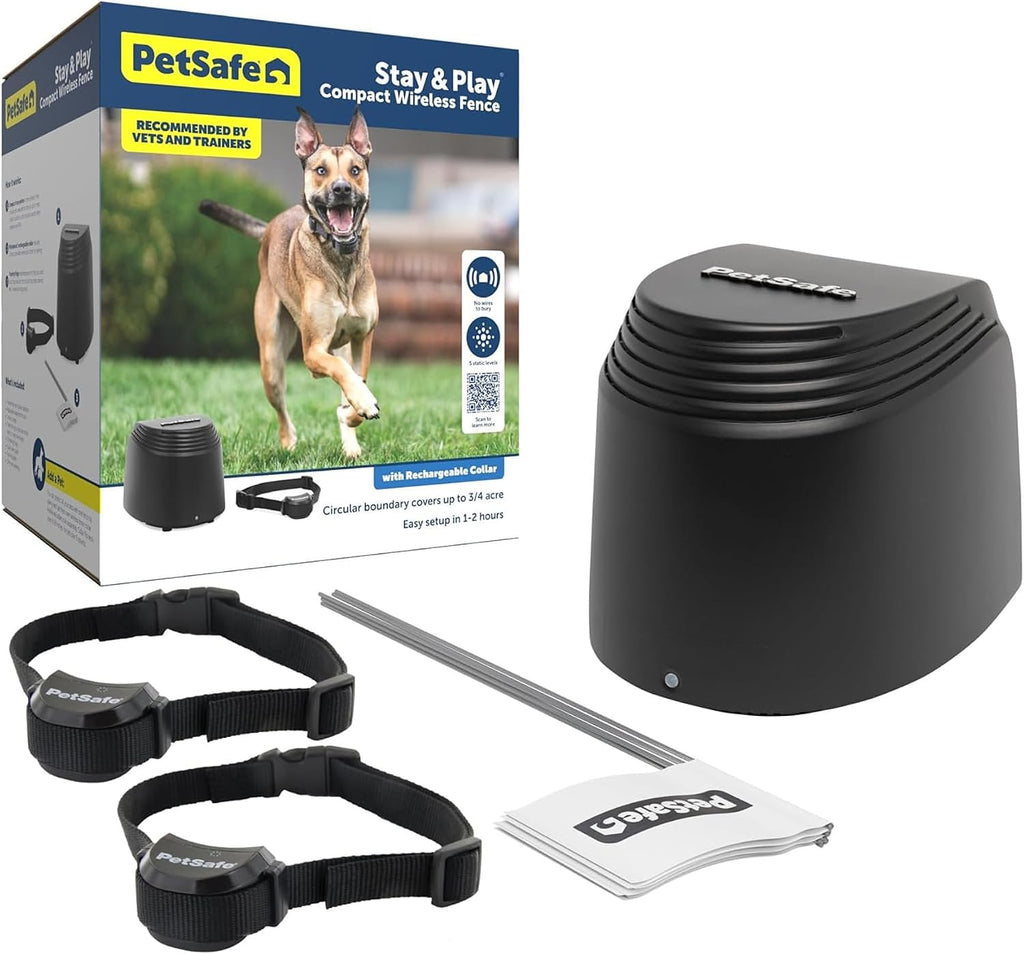 PetSafe Stay & Play Compact Wireless 2-Dog Fence, LCD Screen to Adjust the Circular Boundary, Secure up to 3/4 Acre Area, Use for All Your Pets, Portable System