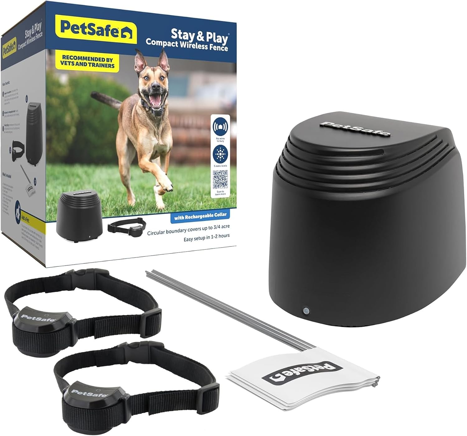 PetSafe Stay & Play Compact Wireless 2-Dog Fence, LCD Screen to Adjust the Circular Boundary, Secure up to 3/4 Acre Area, Use for All Your Pets, Portable System