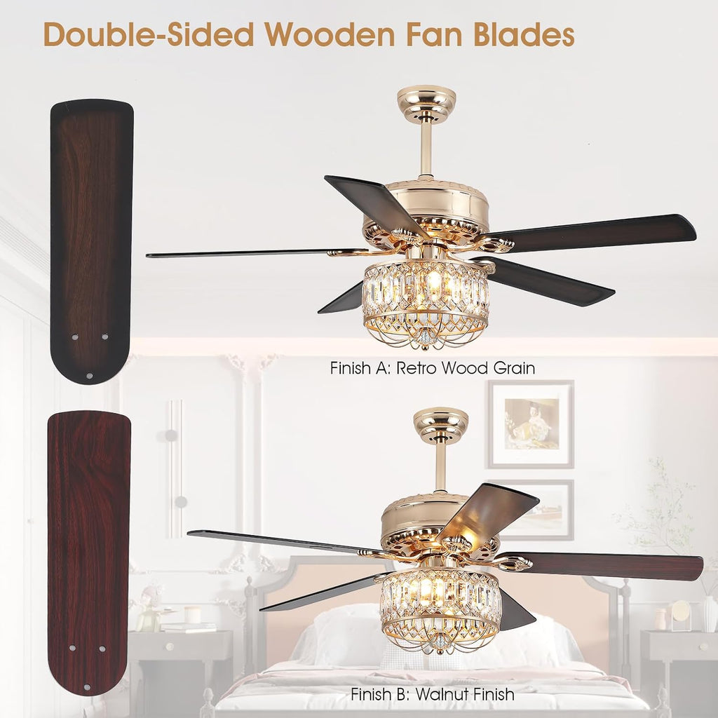 Kviflon Farmhouse Crystal Ceiling Fans with Lights and Remote, 52 Inch Chandelier Ceiling Fans, Gold Fandelier Ceiling Fan for Bedroom Living Room, Quiet DC Motor, Reversible, Bulb not Included