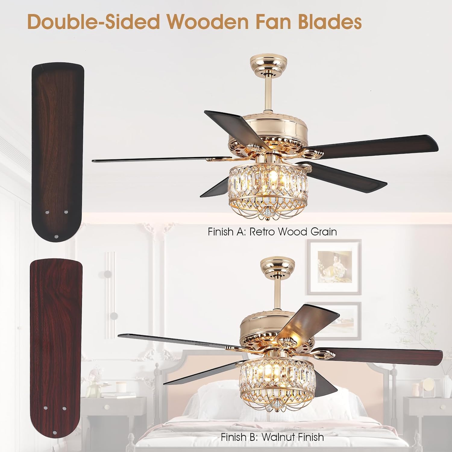 Kviflon Farmhouse Crystal Ceiling Fans with Lights and Remote, 52 Inch Chandelier Ceiling Fans, Gold Fandelier Ceiling Fan for Bedroom Living Room, Quiet DC Motor, Reversible, Bulb not Included