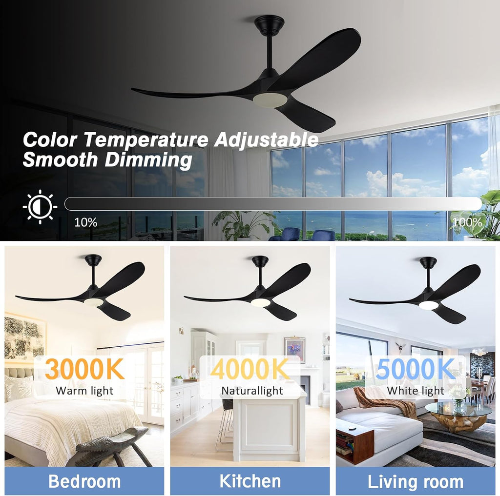 52 Inch Black Ceiling Fans with Lights, Modern Ceiling Fan for Patios with Remote Control, 3 Blades Large Airflow Damp Rated Wood Ceiling Fan for Farmhouse Bedroom, High Low Sloped Ceiling