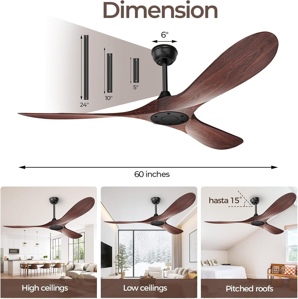 Obabala 60 Inch Ceiling Fan Without Lights, Walnut Finish | Outdoor Ceiling Fan with Remote, 6-Speed Adjustable Reversible DC Motor for Patio & Living Room