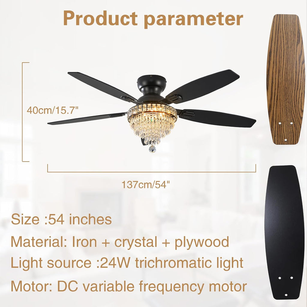 Crystal Ceiling Fan Fandelier with Lights-Ceiling Fans with Lights,54' Low Profile and Remote Control, Flush Mount, Reversible, Dimmable, Noiseless, Black Ceiling Fan for Bedroom