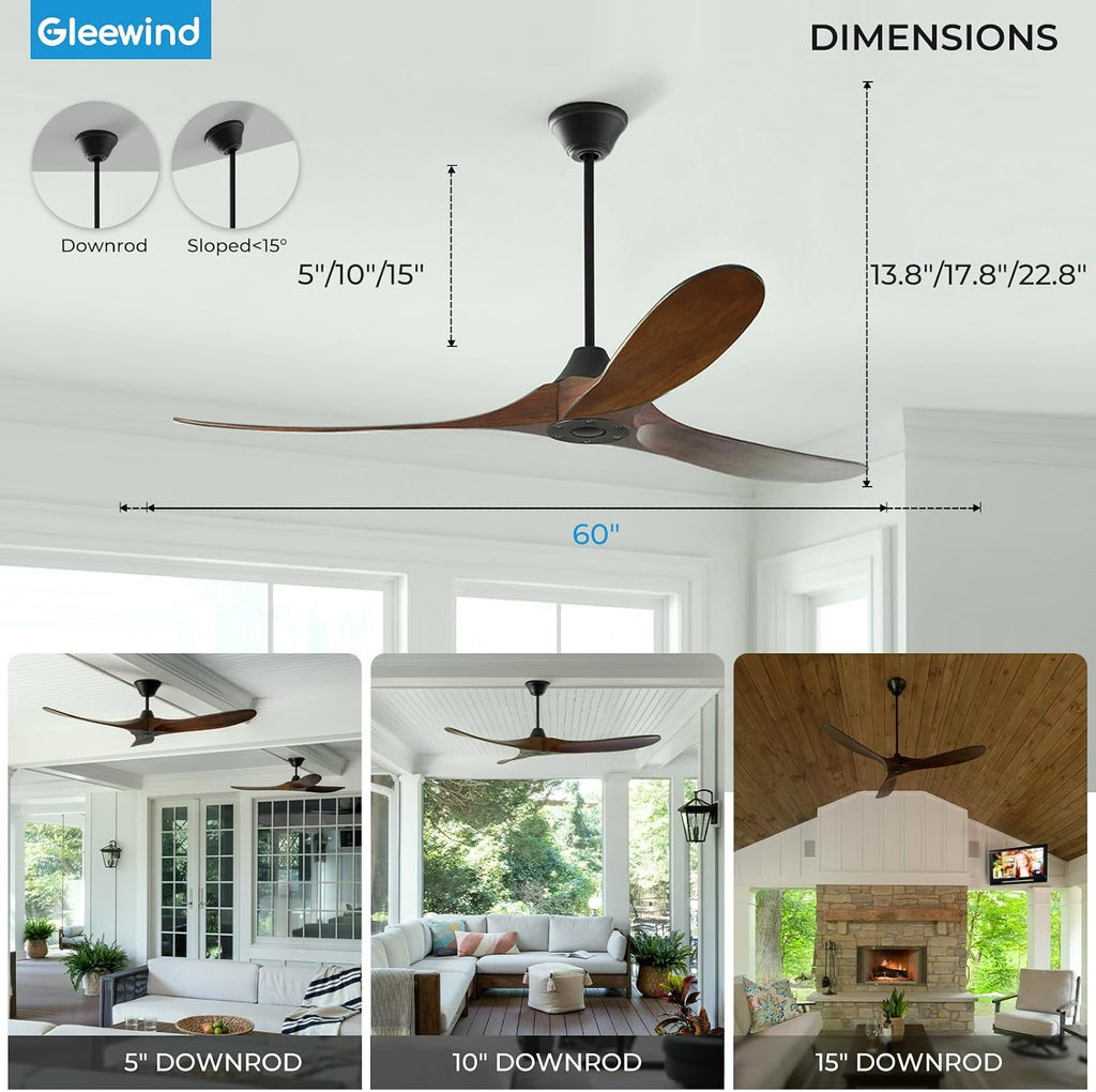 60 inch Outdoor Ceiling Fan No Light for Patios, Ceiling Fans Without Lights with Smart App and Remote Control, Damp Rated 3 Blades Wood Propeller Fan for Exterior Outside Porch, High CFM, Walnut