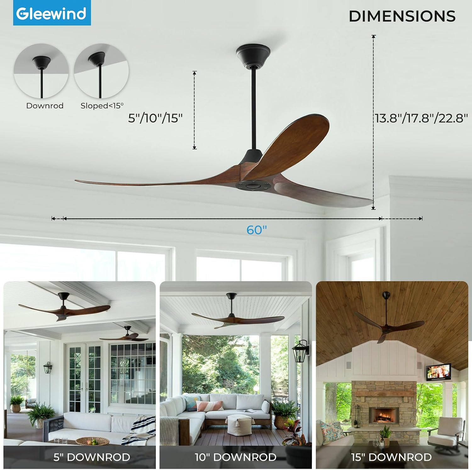 60 inch Outdoor Ceiling Fan No Light for Patios, Ceiling Fans Without Lights with Smart App and Remote Control, Damp Rated 3 Blades Wood Propeller Fan for Exterior Outside Porch, High CFM, Walnut