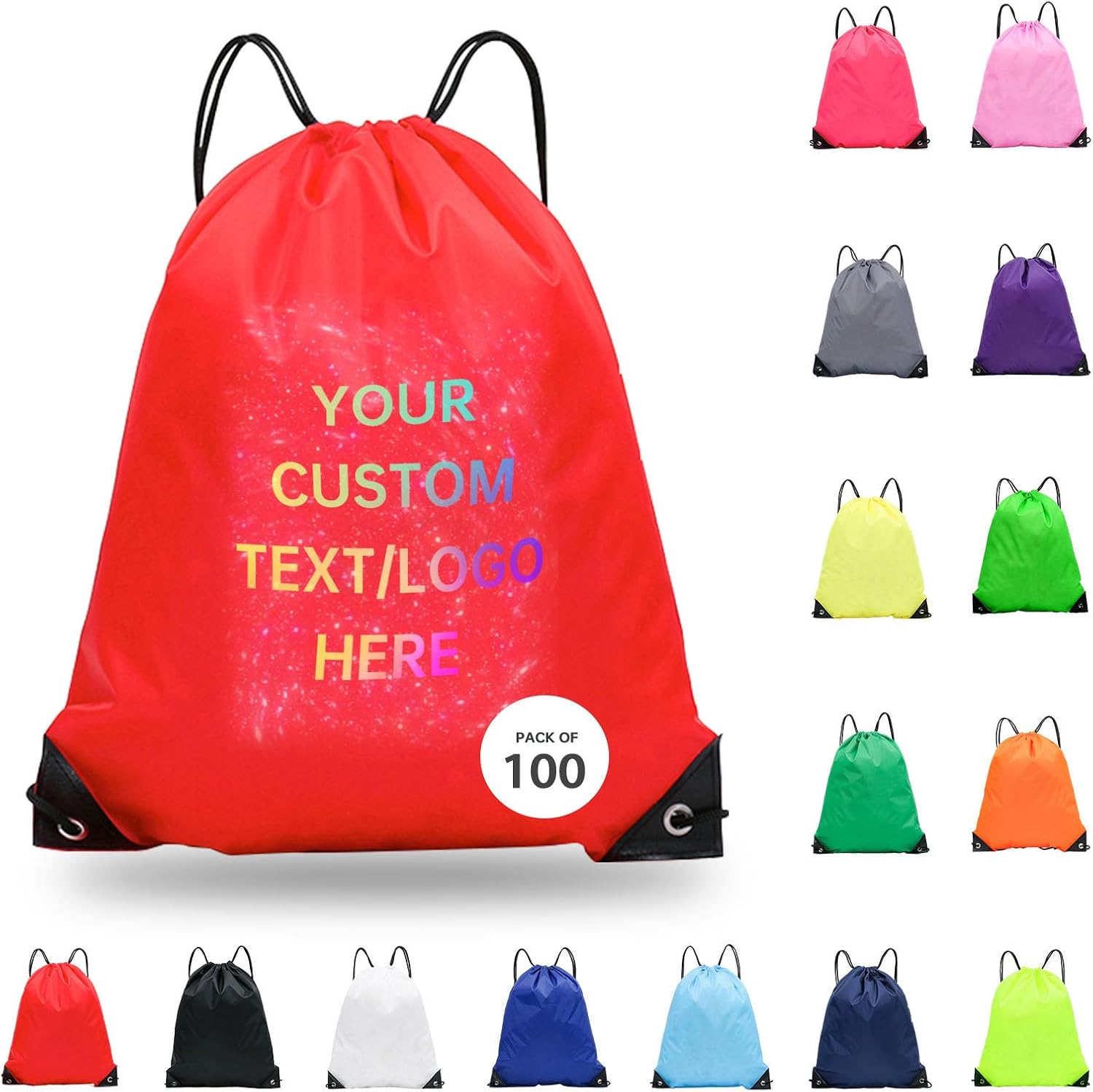 JEOHLORY pack of 100 Custom Bags With Your Logo,customized backpack,promotional items,Drawstring Backpacks,Great for Everyday Use (Custom Red)