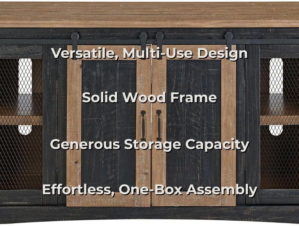 Martin Svensson Home 65' Solid Pine Wood Entertainment Center with Storage. Rustic TV Stand for TVs up to 70.' Sliding Doors, Adjustable Shelves & Cable Management – Black and Driftwood Finish